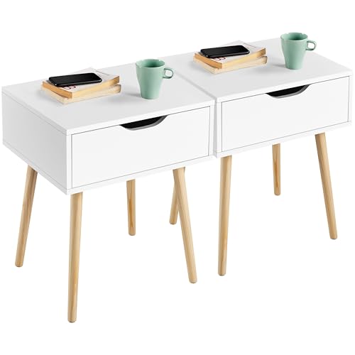 Yaheetech 2X Nachttisch Beistelltisch Nachtschrank mit Schublade und 4 Holzbeinen Skandinavischer Sofatisch aus Holz Nachtkommode für Schlafzimmer/Wohnzimmer, Weiß