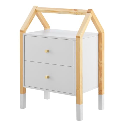 Juskys Kinder Nachttisch Enny mit 2 Schubladen - Nachtschrank klein, schmal & modern - Kommode aus Holz - Hausdesign - Nachtkästchen Weiß Natur