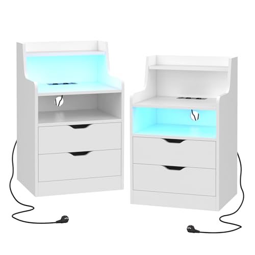 PIPIPOXER 2er Set Nachttisch mit Steckdose, Nachttisch Weiß mit LED-Beleuchtung, Nachtschrank mit 2 Schublade und 2 Offenem Fach, Beistelltisch Nachtschrank für Schlafzimmer, Modern, 45x35x72.5cm