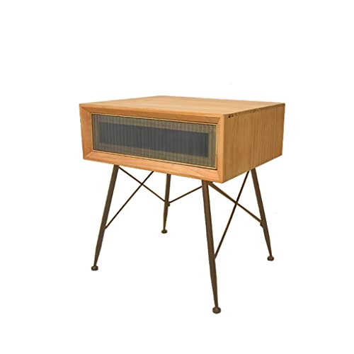 CCKUHN, Beistelltisch Holz Kleiner einfacher aus Glas Schlafzimmer Retro mit Einer Schublade Beistelltisch (Farbe: Gold) (D)
