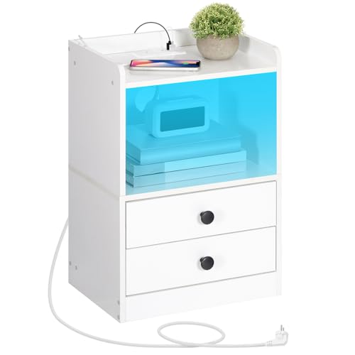 HOOBRO Nachttisch mit LED Streifen, Nachttisch mit Ladestation, Beistelltisch mit 2 Schubladen, Sofatisch für Schlafzimmer, Wohnzimmer, moderner Stil, Weiß EWT28CDBZ01