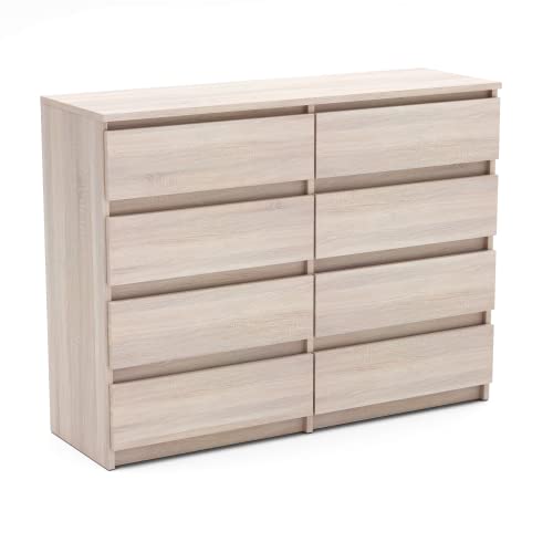 MRBLS Kommode mit 8 Schubladen Sideboard Schubladenschrank Kleiderschrank Modern Möbel mit Schubladen für Ihr Schlafzimmer (Sonoma) – 120 x 92,5 x 33,5 cm (B/H/T)