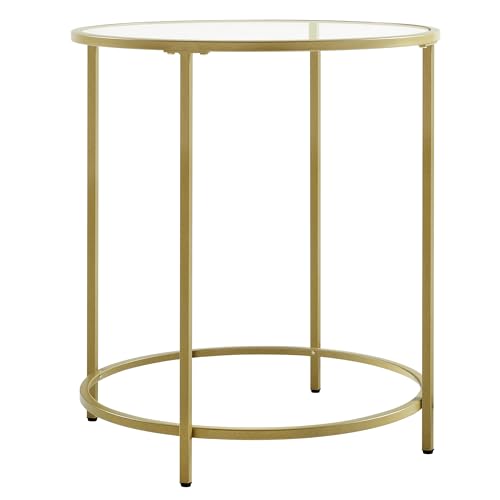 VASAGLE Beistelltisch rund, Kleiner Couchtisch, Glastisch, mit Oberfläche aus Hartglas und Metallgestell, Nachttisch, Sofatisch, Balkon, metallisches Gold-transparent LGT20G