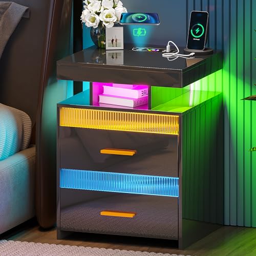 Lvifur Led Nachttisch mit 24 Farbe RGB Licht,Smart Nachttisch mit USB Ladefunktion & Kabelloses Laden,Nachttisch Schwarz Hochglanz mit 2 Schublade