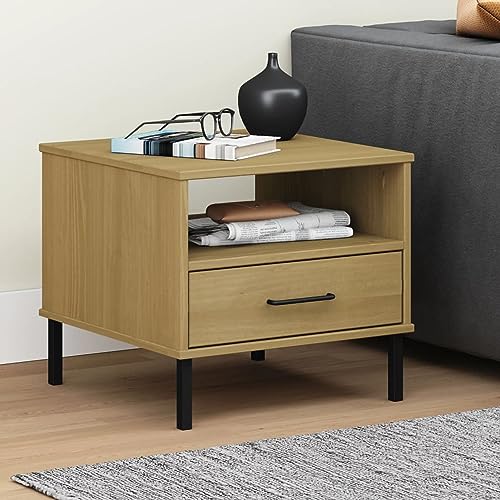 ShGaxin Nachttisch Oslo mit Metallbeinen, Nachtschrank, Nachtkonsole, Bedside Tables, Nachtkästchen, Beistellschrank, Nachtkommode, Nightstand, Braun Massivholz Kiefer