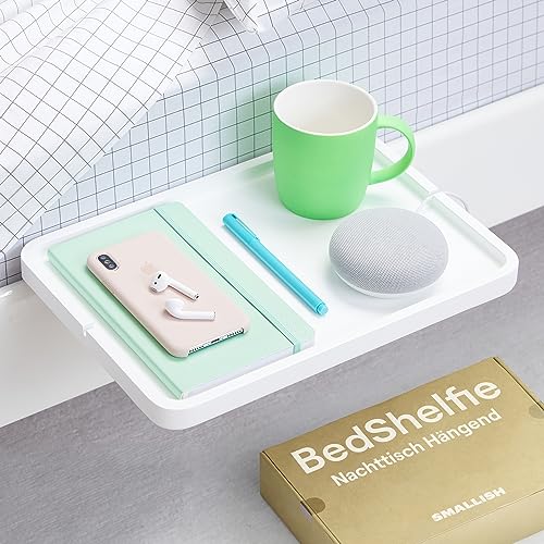 BedShelfie Nachttisch für Etagenbett und Boxspringbett, Bettablage für WG-Zimmer, Betttablett schwebend, Bettablage zum Einhängen – Minimalist 2.0 Holz weiß