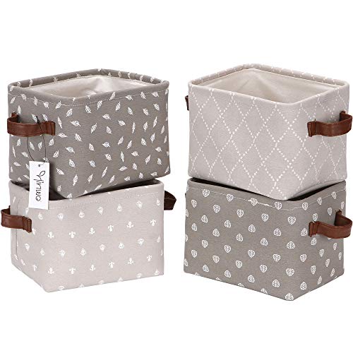 Hinwo 4L Mini Size Aufbewahrungsbox Korb zusammenklappbarer quadratischer Denim Stoff Aufbewahrungsbox Container mit PU Ledergriffen für Regale & Schreibtische, 4er Set, 7,9 x 6,3 x 5,5 Zoll, Grau