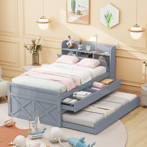 Merax Kinderbett 90 x 190 cm mit USB-Buchse, Jugendbett mit ausziehbarem Bett und Stauraumschublade, Einzelbett mit Nachttisch mit Ablagen, für Kinder & Jugend, Massivholz, Grau (Ohne Matratze)