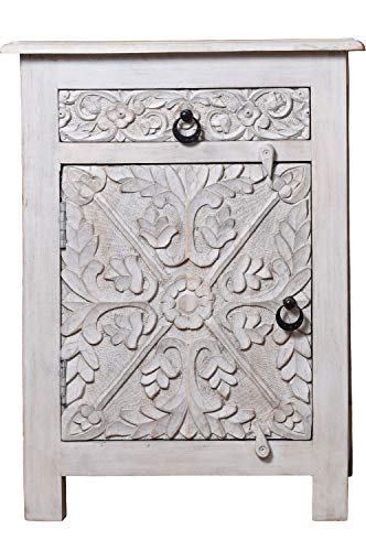 Orientalischer Holz Nachttisch Hasmia Shabby Weiss 70cm Hoch | Orient Vintage Nachtkommode orientalisch handverziert | Indischer Nachtschrank auch für Boxspringbett | Asiatische Möbel aus Indien