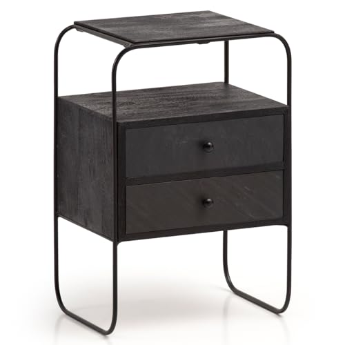 Wohnling Nachttisch Mango Massivholz/Steinoptik 40x60x30 cm Nachtschrank Boxspringbett, Industrial Nachtkonsole Schwarz mit 2 Schubladen & Ablagefläche, Nachtkommode Stauraum & Metallgestell