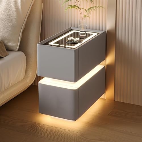 Nachttisch, Nachttisch for Schlafzimmer, verstellbare LED-Beleuchtung, moderner Nachttisch – schmaler Nachttisch aus Holz mit Lederoberfläche und Ladestation (grau, 24,9 x 39,9 x 50,9 cm)(Grey,13.8''x