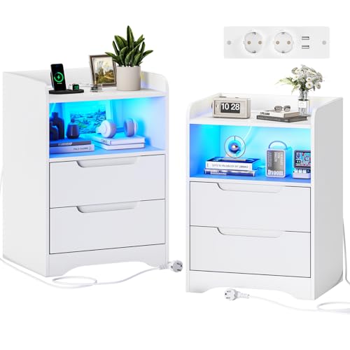 Brinlawb Nachttisch 2er Set Nachttische mit Ladefunktion und LED-Licht Nachtschrank 2er Set mit 2 Schubladen Und Offenes Fach Beistelltisch Weiss Couchtisch Sofatisch für Schlafzimmer Wohnzimmer Weiß