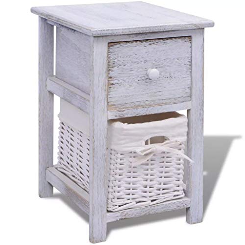 yorten Shabby Chic Nachttisch Schränkchen Holz Beistelltisch Telefontisch Weiß mit 1 Schublade und 1 Flechtkorb 28 x 31 x 45 cm