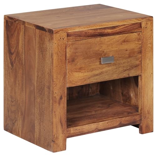 FineBuy Nachttisch aus Sheesham Massiv-Holz 40 x 40 x 30 cm, Nacht-Kommode braun mit 1 Schublade und 1 Ablagefach, Nachtschrank Landhaus-Stil Echt-Holz