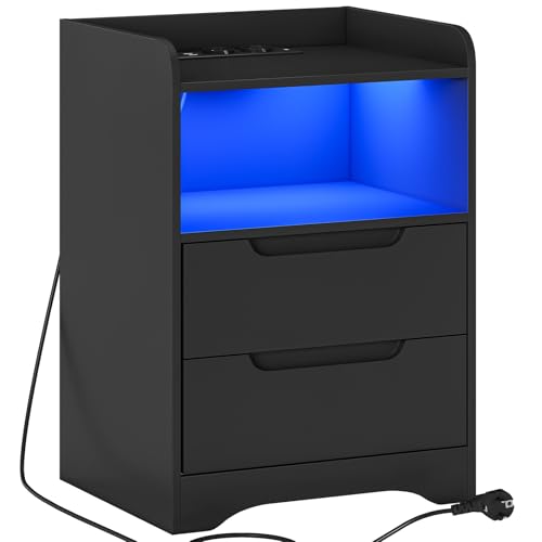 Brinlawb Nachttisch mit Ladestation und LED-Beleuchtung Nachttisch Schwarz mit 2 Schubladen &1 Fach Nachtschrank Schwarz Nightstand Sofatisch Beistelltisch Schwarz Couchtisch Bedside Table Schwarz