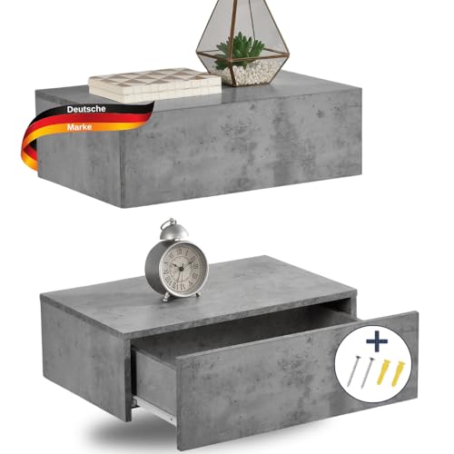 DELUKE® Nachttisch hängend TOPO - Wandmontage | Wandregal mit Schublade Wandschrank hängend Nachtschrank hängend Wandmontage Nachtkästchen, Beton