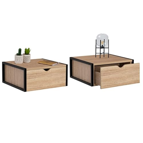 IDMarket - Set mit 2 Nachttischen, Wandmontage, 1 Schublade, Regal zum Aufhängen, Holz und Metall, Schwarz, Industriedesign