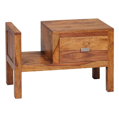 FineBuy Nachttisch Massiv-Holz Sheesham Nacht-Kommode 40 cm Schublade mit Zeitungsablage Nachtschrank Echt-Holz Nachtkästchen dunkel-braun Landhaus-Stil Nachtkonsole Natur-Produkt Schlafzimmer-Möbel