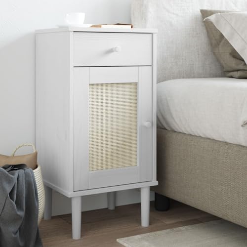 Juroupi Night Stand Beistelltisch Bedside Table Nachtschrank SENJA Rattan Look Weiß 40x35x80 Massivholz Kiefer