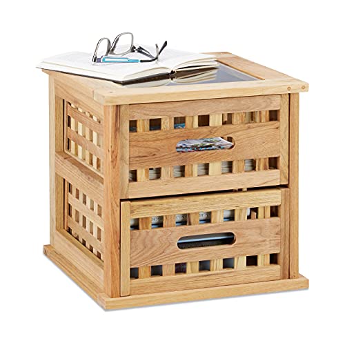 Relaxdays Beistelltisch Walnuss, quadratischer Nachtschrank aus Naturholz mit 2 Schubladen, HBT: 34 x 34 x 34 cm, natur