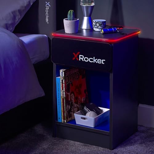 X-Rocker Carbon-Tek Gaming-Nachttisch mit integriertem kabellosem Laden und RGB-Beleuchtung, Gaming-Schlafzimmer-Möbe l, Beistellschrank, mit Schublade und Ablagefach, Grau/Blau